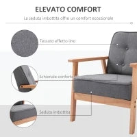 Poltrona Stile Scandinavo Imbottita e Trapuntata a Bottoni in Tessuto e Legno, 64.5x70x74cm, Grigio