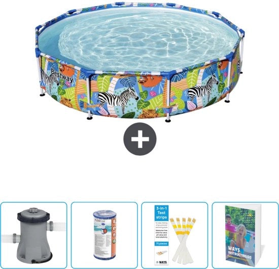 Piscina Rettangolare Acciaio - 305 x 66 cm - Disegno Giungla - Inclusa Pompata - Filtro - Strisce di Test - Guida alla Piscina