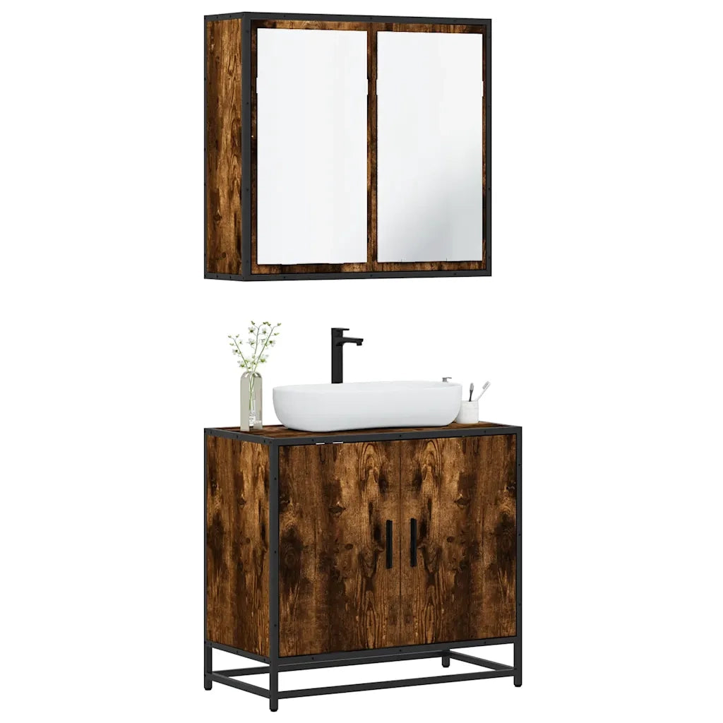 Set Mobili da Bagno | Armadio da bagno 2 pz Rovere Fumo in Legno Multistrato