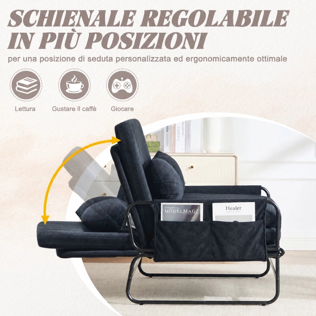 Divano letto due posti in ciniglia nera 104 cm con struttura in metallo