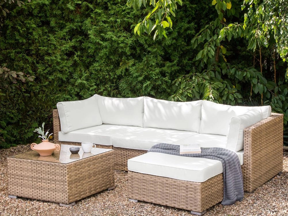 Set da giardino composto da divano con tavolino quadrato in rattan naturale lato sinistro 5 posti stile elegante