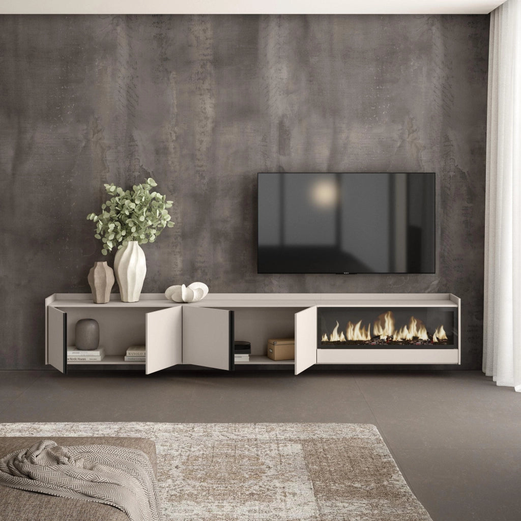 Mobile TV Soggiorno, 315x50x35 cm, Per TV fino a 80", Camino elettrico XXL, Sospeso, da appendere, Beige