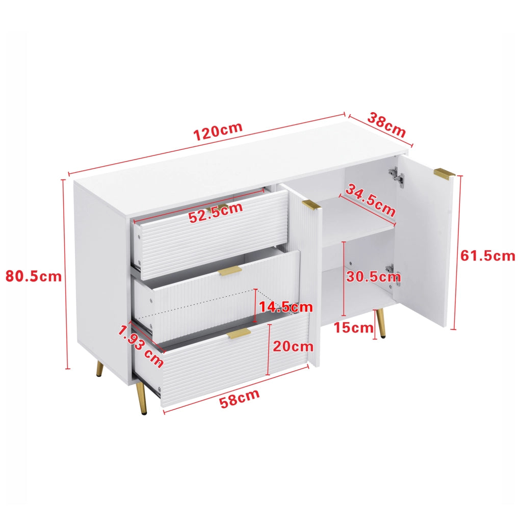 Credenza ULEVR 120x38x80,5 cm con 2 ante, 3 cassetti e ripiani interni, bianco e oro