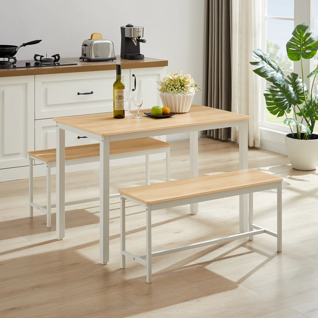 Tavolo da pranzo per 4 persone con 2 panche, stile industriale, per cucina, in truciolare e acciaio, naturale e bianco, 110 × 60 × 75 cm