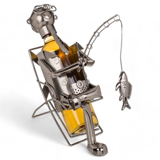 Wijnfleshouder Metallico Angler – Unica wijnfleshouder metallica, ca. 26 x 21 cm – Ideale per pescatori e appassionati di vino