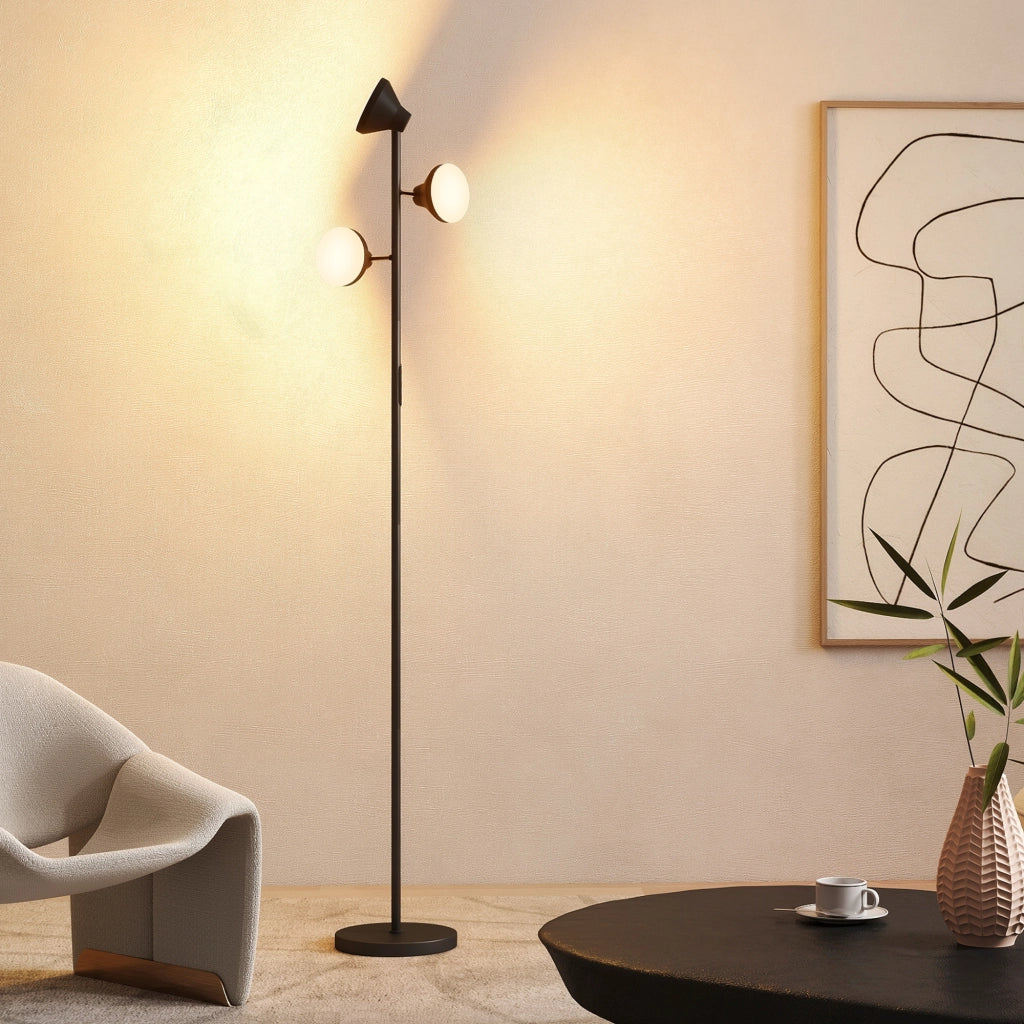 Lampada da Terra con 3 Teste Regolabili Indipendenti. Telecomando e Timer. in Acciaio e Plastica. ?25x170 cm. Nero