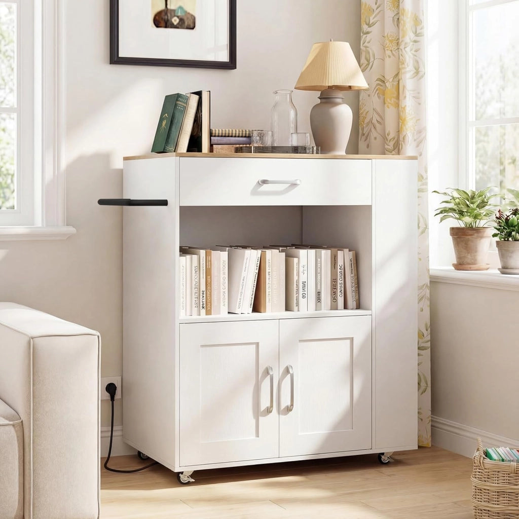 Carrello da Cucina con Ruote, Isola da Cucina con 3 Portaspezie 1 Cassetto Armadietto a 2 Porte, Carrello Portaoggetti con Portasciugamani, 82x46x92 cm (Bianco, con presa)