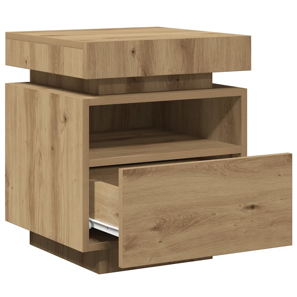 Comodino con Luci LED-Tavolino da notte Rovere Artigianale 40x39x48,5 cm