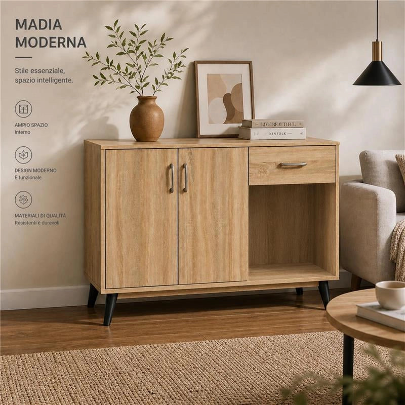 MOBILE IN MDF ROVERE CON DUE ANTE, RIPIANO E CASSETTO MISURE: 120X38X74CM