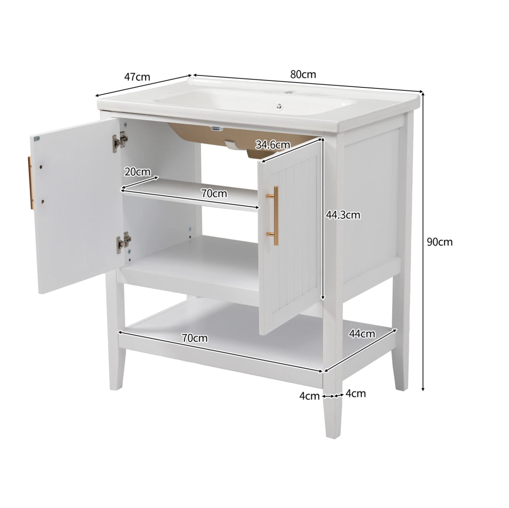 Mobile bagno con lavabo in ceramica 80 cm, bianco, MDF