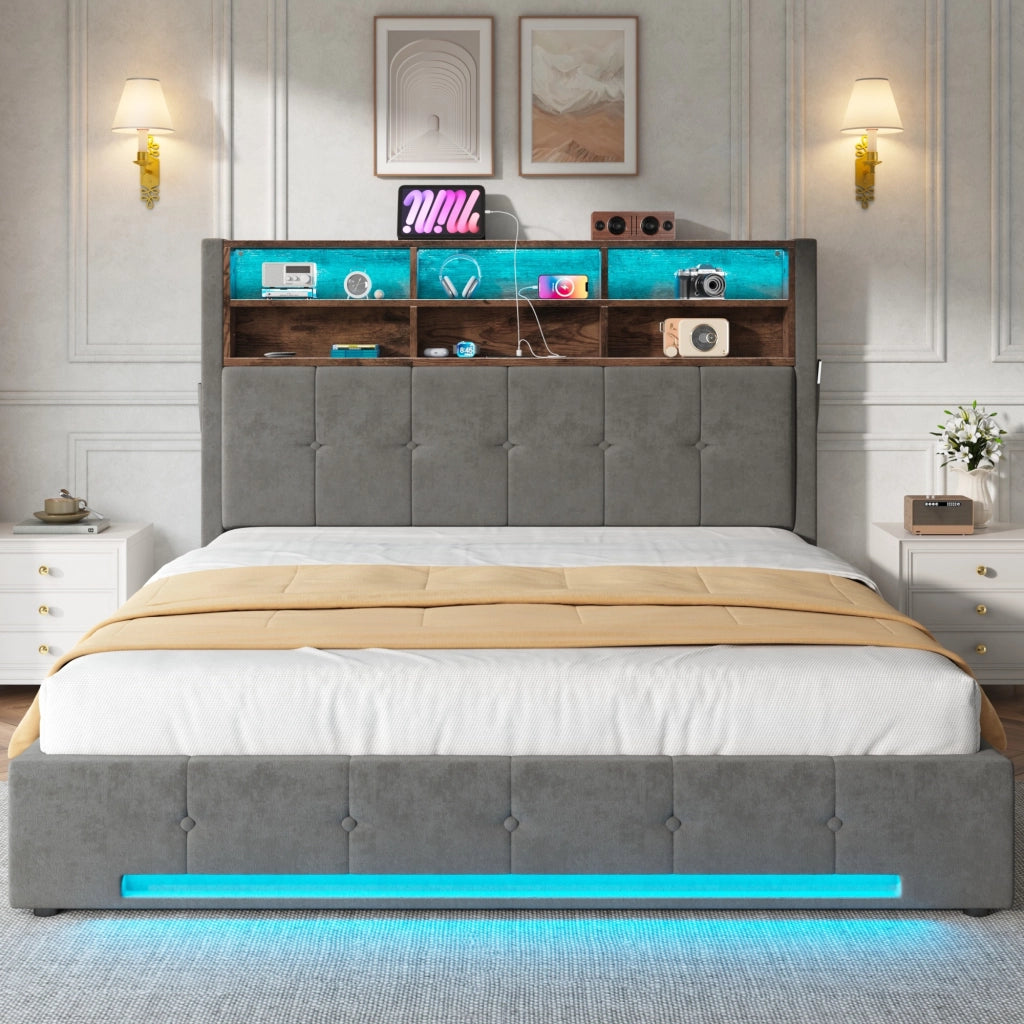 Letto imbottito 160x200 cm idraulico con LED USB e velluto grigio scuro