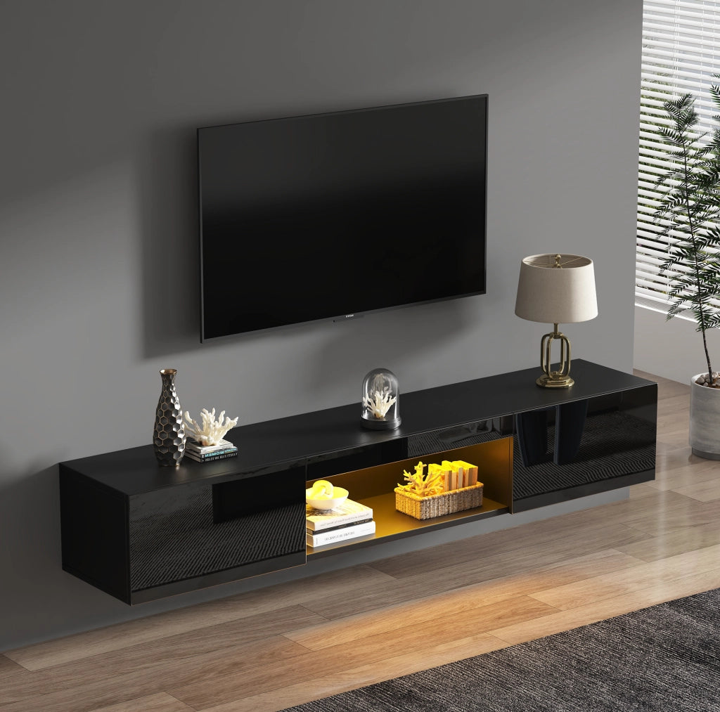 Mobile TV sospeso nero lucido con LED, 160 x 31 x 22 cm
