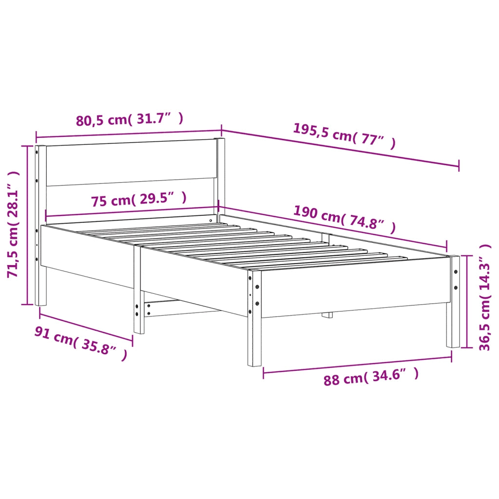 Letto senza Materasso Marrone Cera 75x190 cm in Legno di Pino 842785