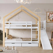Letto a Castello con Scivolo e 2 Cassetti ¨C MINIMAL ¨C Legno Massello Bianco/Naturale 90x200