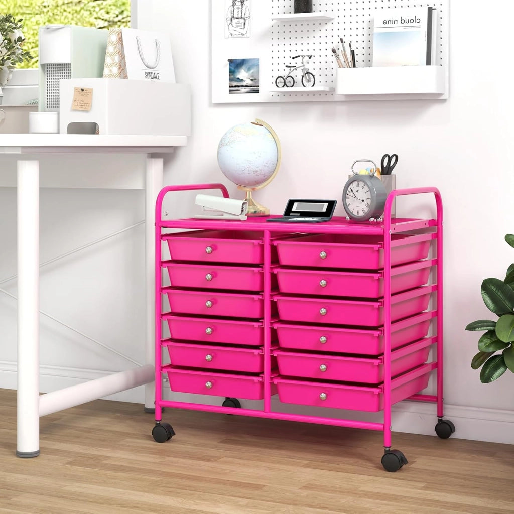 Carrello di Stoccaggio con 12 Cassetti, Carrello portaoggetti con 4 Ruote, Carrello Multiuso per Scuola Ufficio Cucina, 64 x 38 x 62 cm (12 cassetti Rosa)