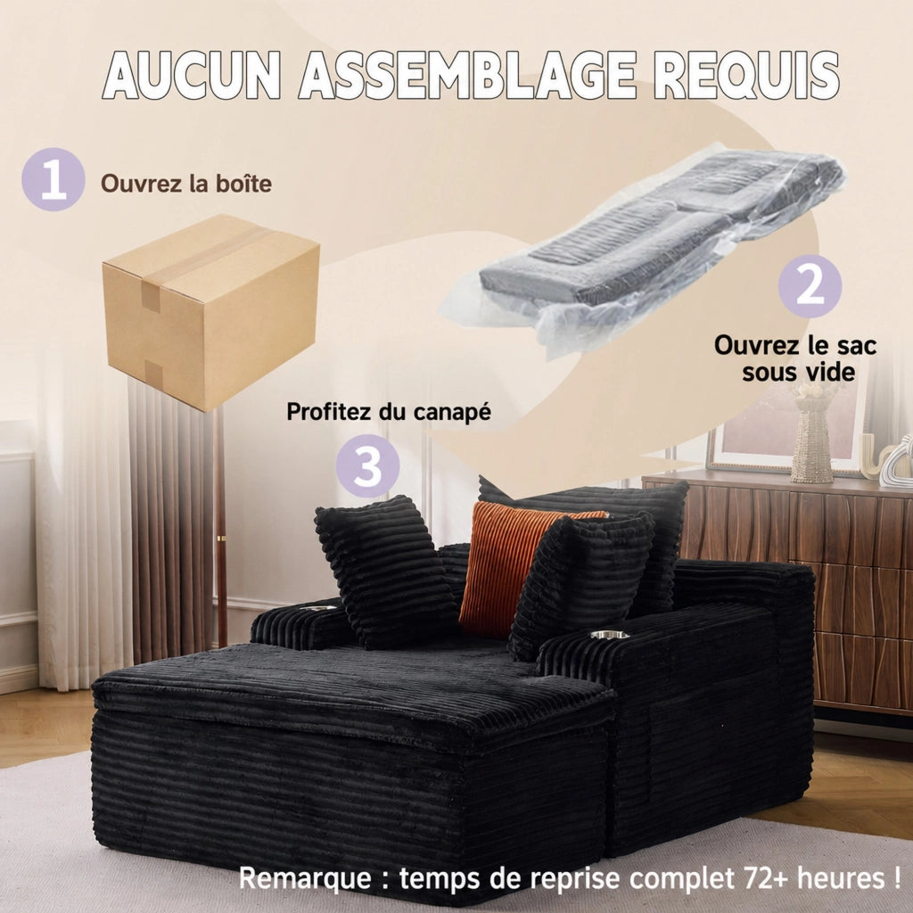 Divano modulare pieghevole con chaise longue in velluto a coste nero con 3 cuscini portabevande e coperta 2 in 1