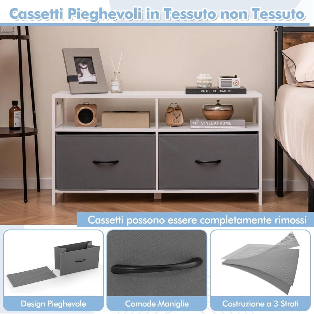 Cassettiera in Tessuto, Cassettiera con 2 Cassetti e 2 Ripiani Aperti, con Contenitori in Tessuto e Ampio Piano, per Camere da letto, Soggiorno e Ingresso, 100 x 30 x 53 cm