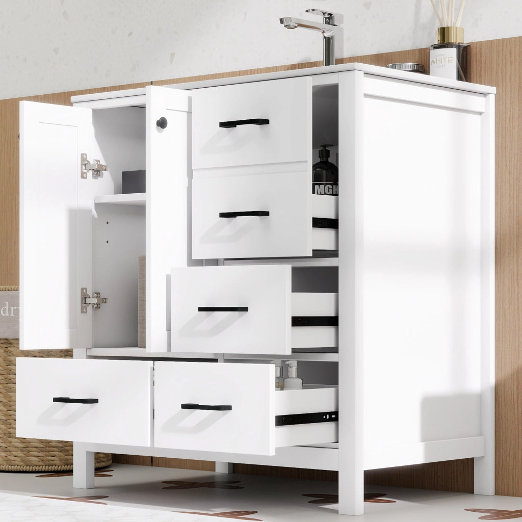 Mobile sottolavabo con lavabo in ceramica, 1 anta, 4 cassetti e 3 ripiani, per bagno, bianco, 76 × 46 × 82 cm