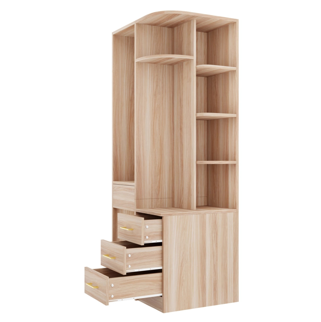 Armadio freestanding 70 x 55 x 175 cm con ripiani; asta appendiabiti e cassetti; MDF e legno