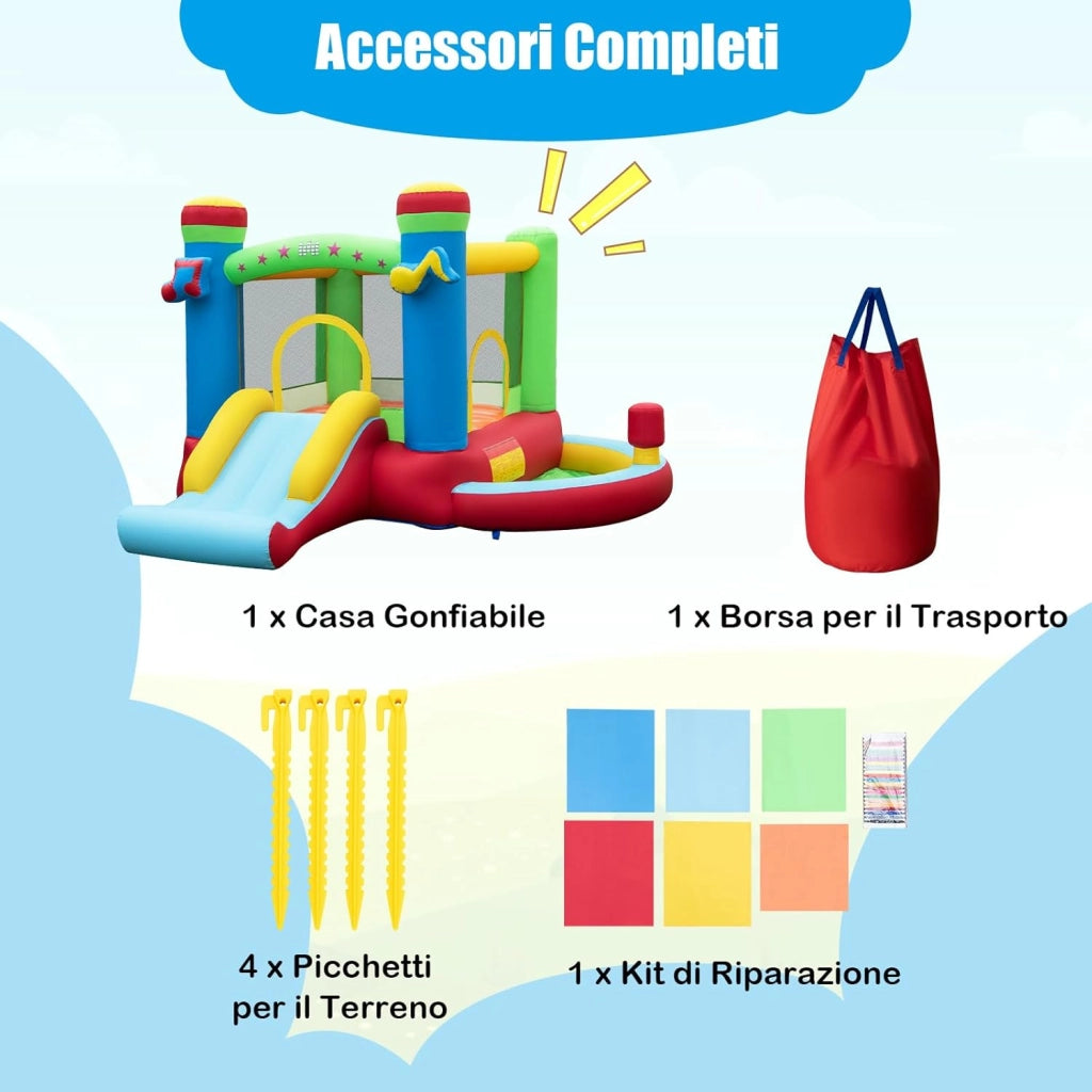 Castello Gonfiabile 5 in 1 per Bambini di Tema Musicale, Castello Gonfiabile con Scivolo, Trampolino, Piscina e Canestro, Gioco Gonfiabile da Interno ed Esterno, per Bambini da 3 a 12 Anni