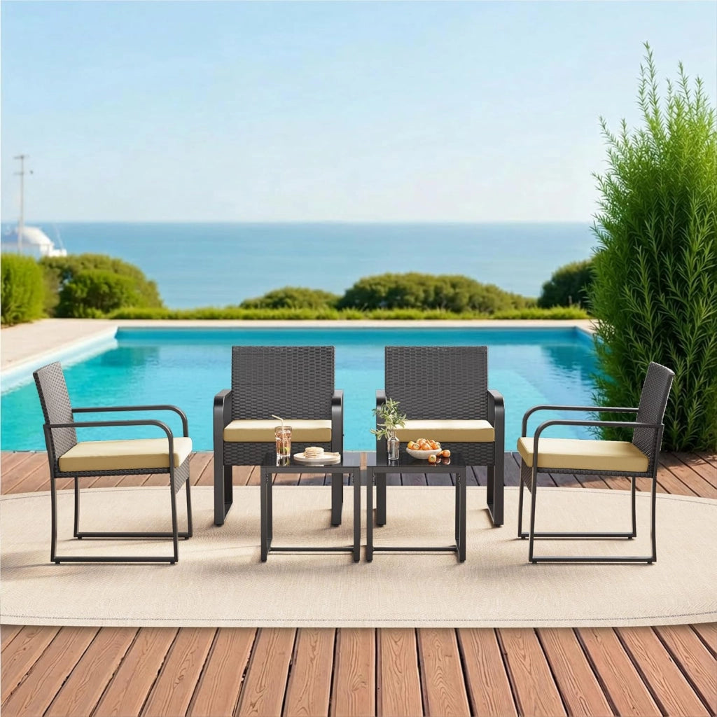 Set Giardino in Rattan per 2 Persone, Mobili da Esterno in Vimini con Cuscini, Tavolino e 2 Sedie per Terrazza, Balcone, Giardino o Piscina (beige)