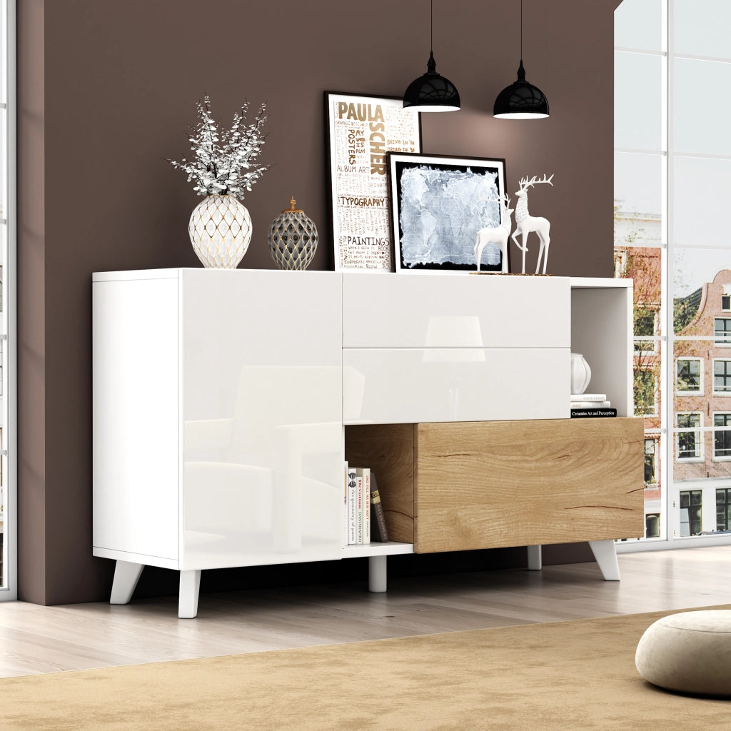Sideboard moderno 130x40x70 cm in truciolare bianco lucido e rovere chiaro