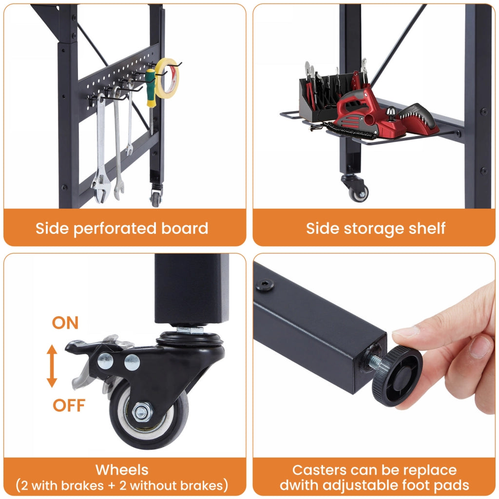 Scrivania lineare regolabile con 18 ganci, prese AC, porta USB e USB-C, per garage e ufficio, nero e naturale