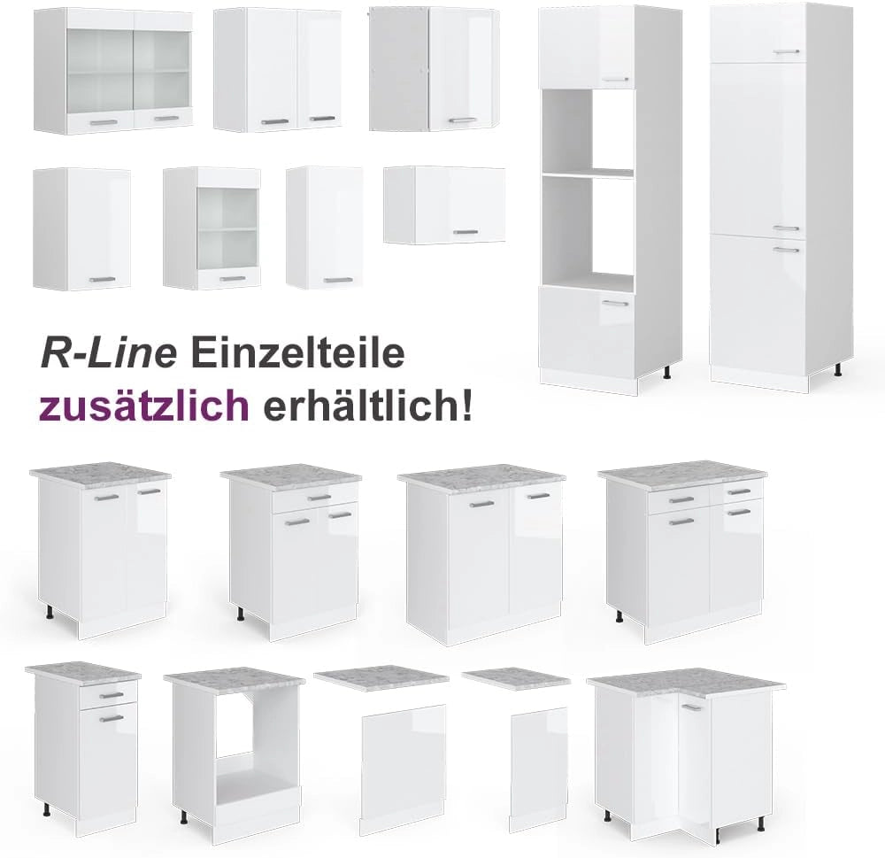 Cucina angolare completa Rick, Bianco lucido/bianco, 190 x 60 cm, PL Marmo, con elementi modulari espandibili per una pianificazione flessibile della cucina