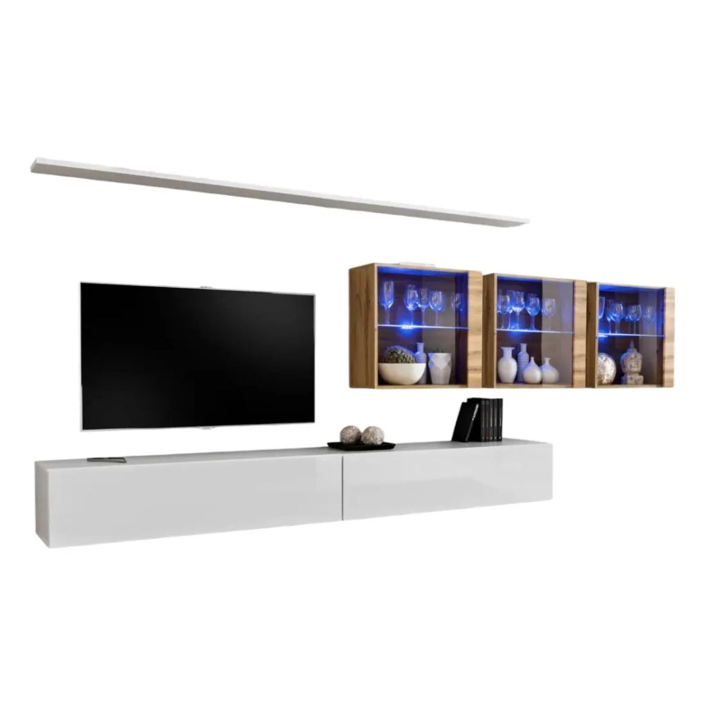 Mobile da soggiorno a parete SWITCH XVII design, colore bianco lucido e quercia Wotan.