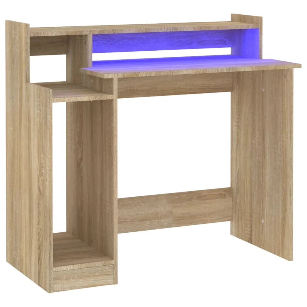 Scrivania da ufficio postazione di lavoro mobile per computer scrivania da studio con luci a LED rovere 97 x 45 x 90 cm legno ingegnerizzato marrone 02_0023412