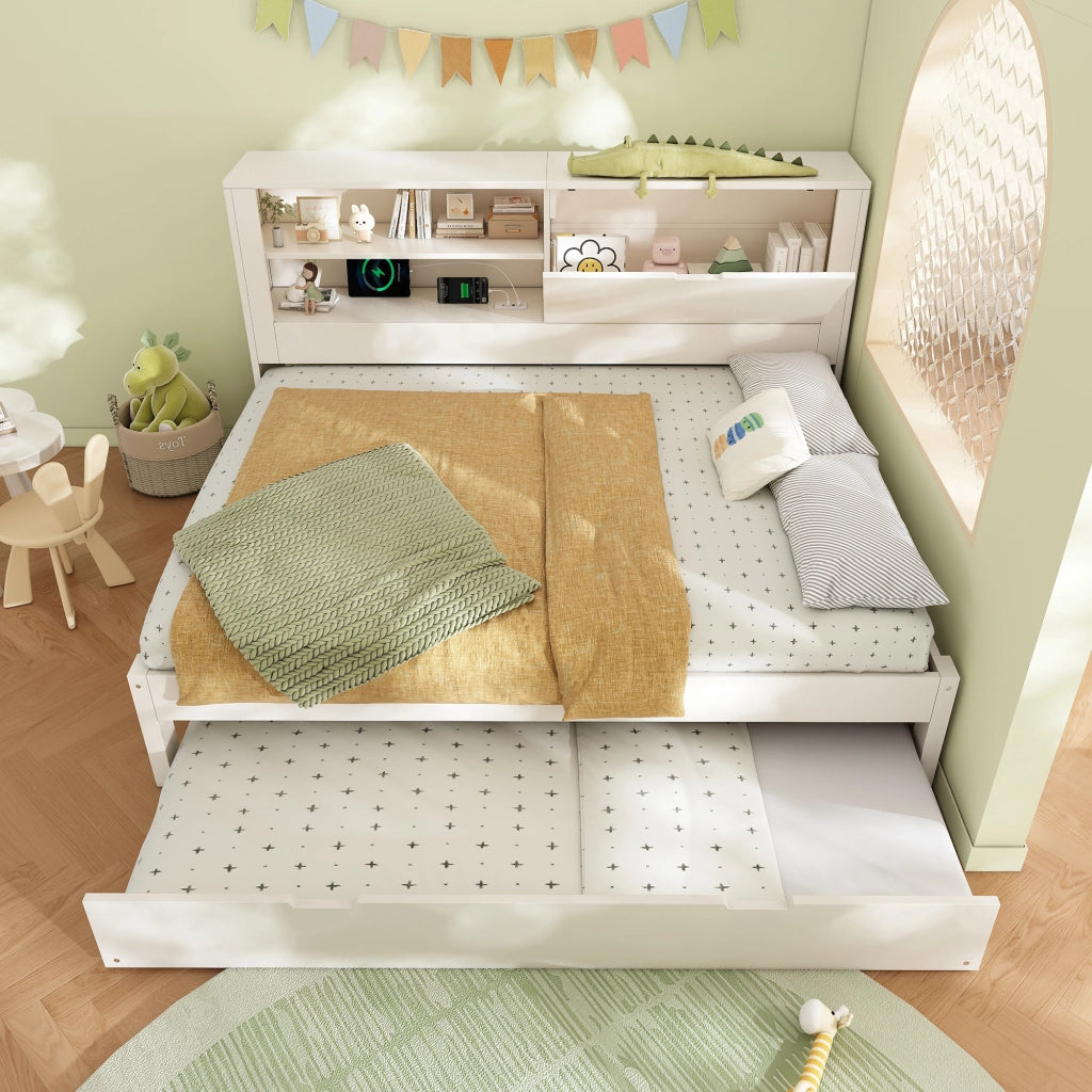 DESMIU Divano letto 140 × 190 cm 2 posti con letto estraibile, contenitore, USB e Type-C, senza materasso, bianco