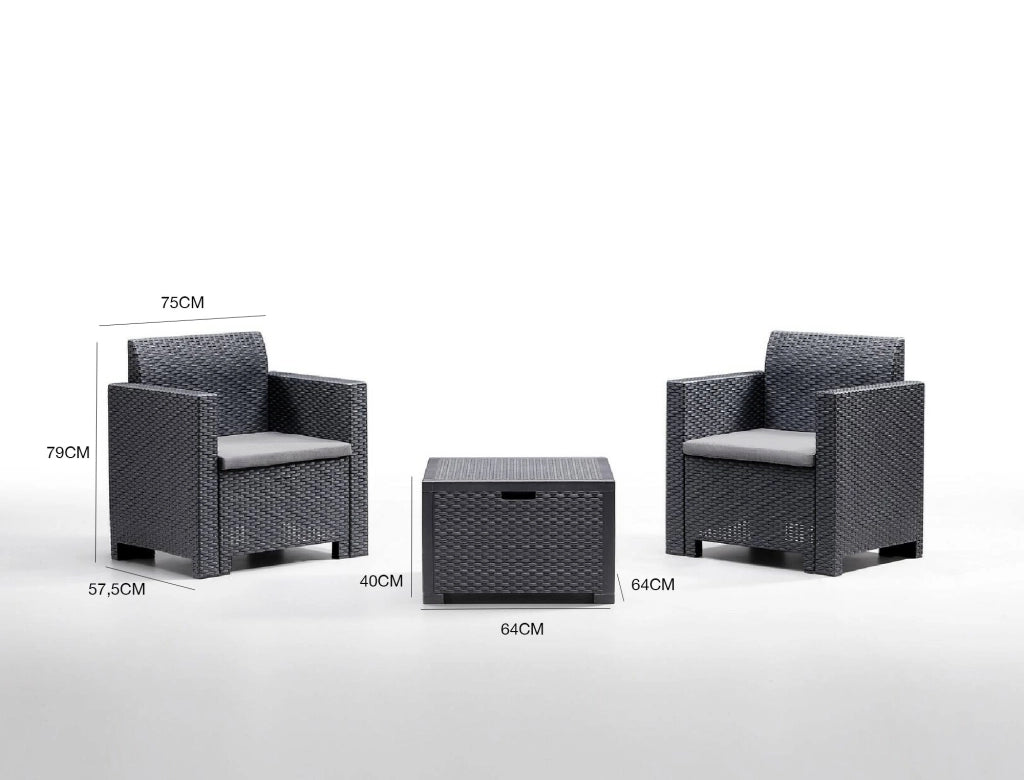 Salottino da esterno Apis, Set da giardino con cuscini, Salottino  effetto rattan, 100% Made in Italy, Antracite