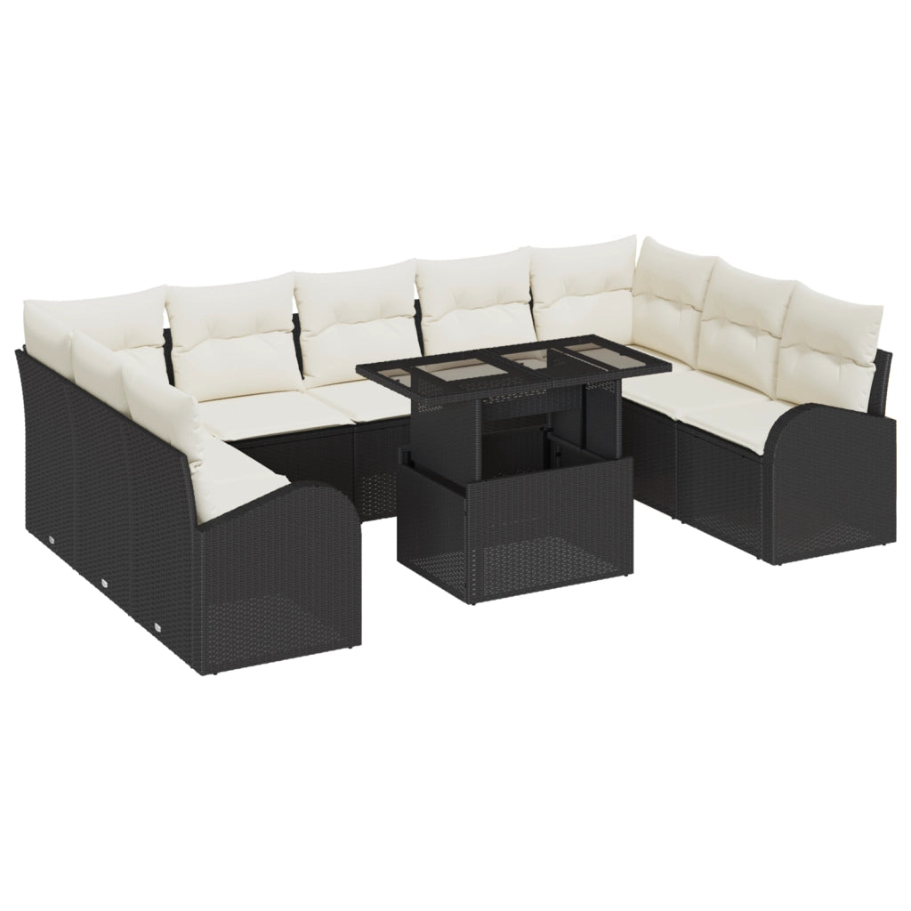 Set Divano da Giardino a 10 Pezzi con Cuscini Nero Polyrattan