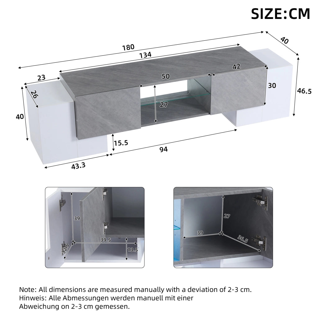 Mobile porta TV con LED, 4 ante, 3 vani e ripiani in vetro, per soggiorno, in MDF, bianco e grigio, 180 × 40 × 46,5 cm