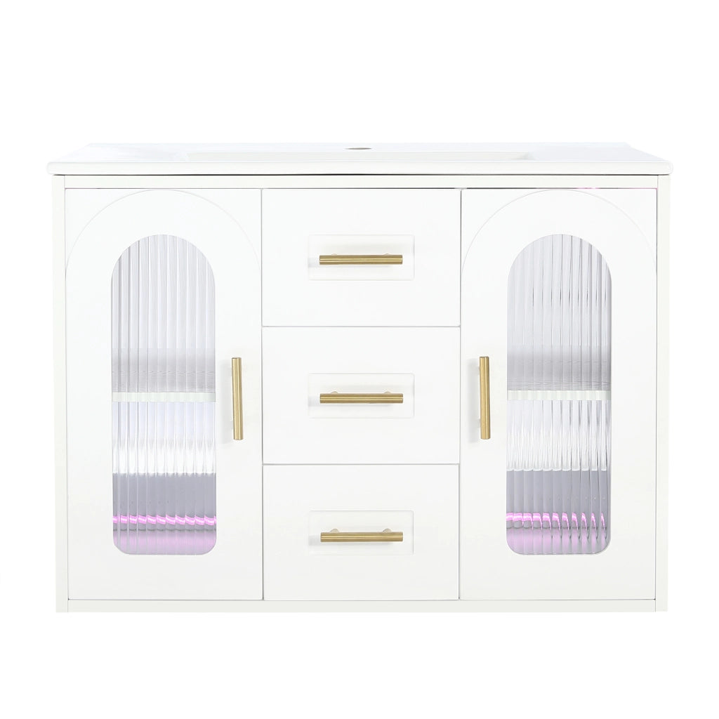 Mobile bagno sospeso con 2 cassetti; 2 ante e ripiani regolabili con LED e lavabo; per bagno; 76×46×55 cm; bianco