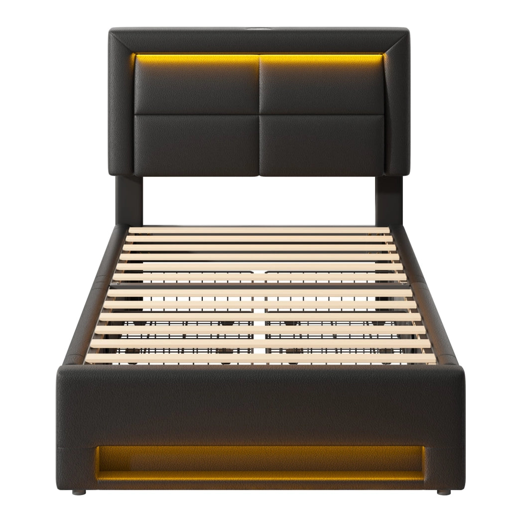 Letto imbottito 90x190 cm in PU nero con USB, LED e 4 cassetti
