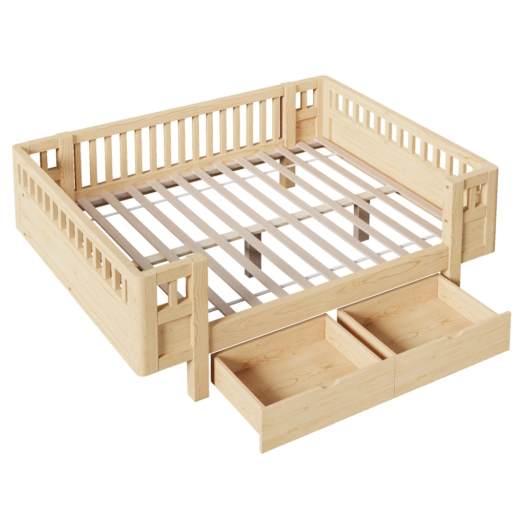 Letto con Sponda 140x200 cm; due cassetti; in Legno Massello e MDF; Colore Legno