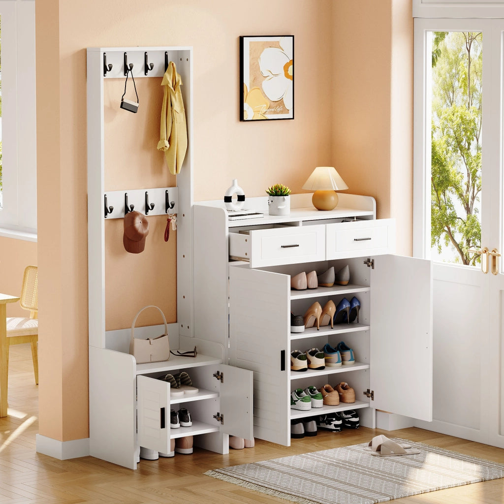 Mobile ingresso con 2 cassetti; 2 ante; 6 ripiani e 8 ganci; con vano aperto; per ingresso e corridoio; bianco; 125 Ã— 36 Ã— 165 cm