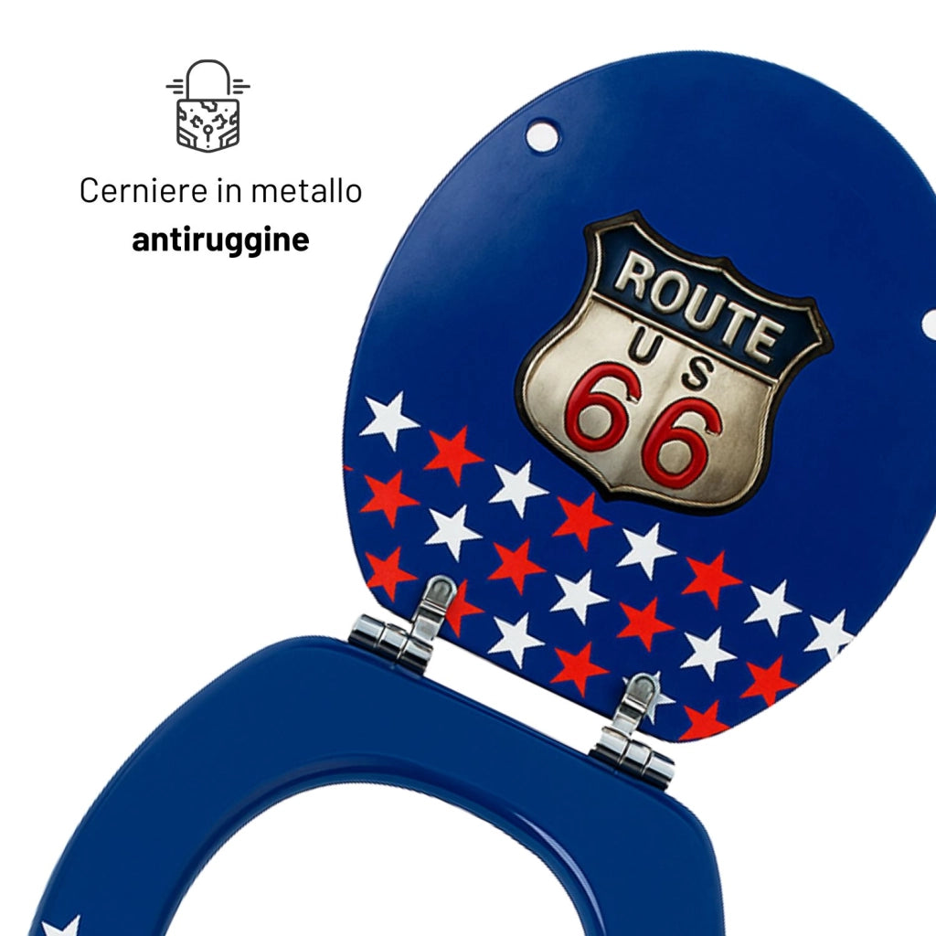 Sedile wc copri vater universale frizionato fantasia in mdf chiusura rallentata *** fantasia route 66, confezione 1
