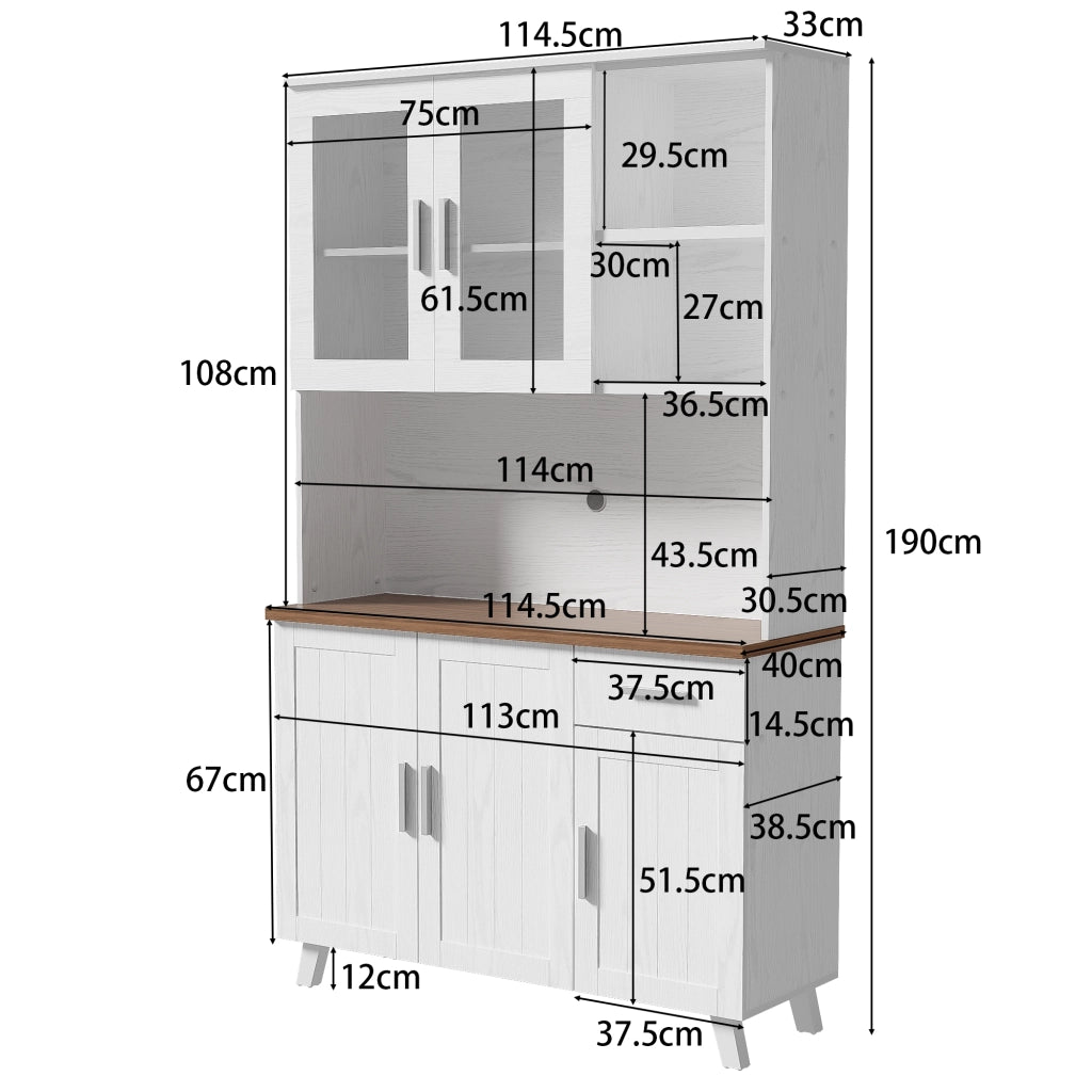 Credenza con 5 Ante 1 Cassetto 2 Vani Aperti e Ante in Vetro per Soggiorno in Pannello 114 x 40 x 190 cm Bianco e Marrone