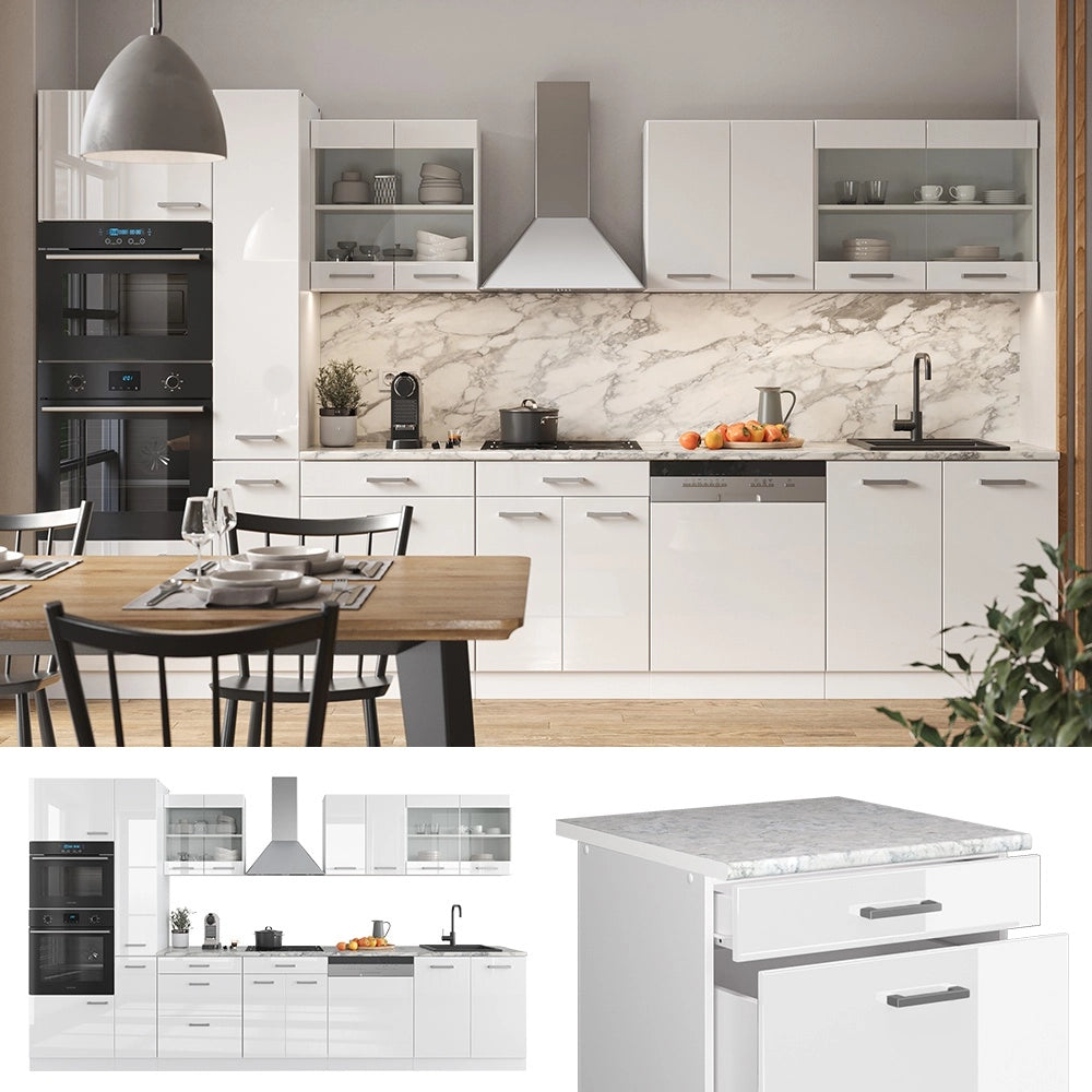 Cucina componibile R-Line Bianco lucido/Bianco 350 cm con armadio alto, PL Antracite Vicco