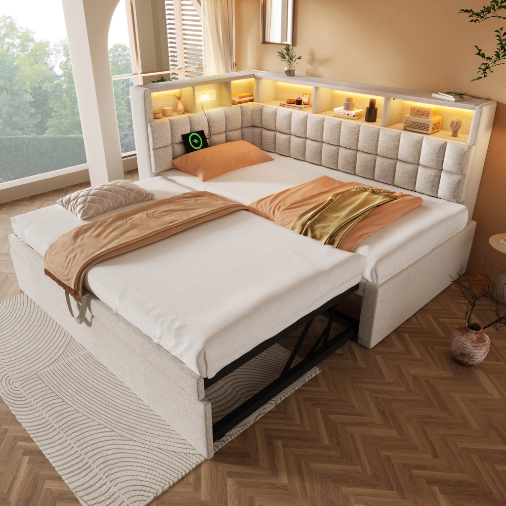 Letto Estraibile 90x200 cm; USB; Type-C; Bluetooth e LED Regolabile - Beige