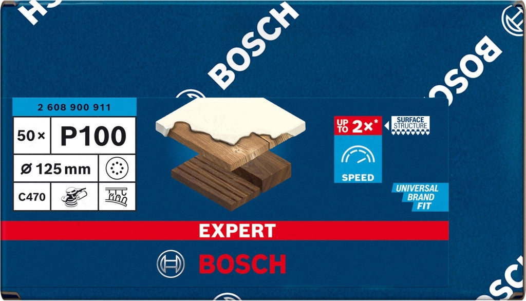 2608900911 - KIT 50 FOGLI BOSCH C470 , D.125mm P.100 8 FORI EXPERT for LEGNO+VERNICE