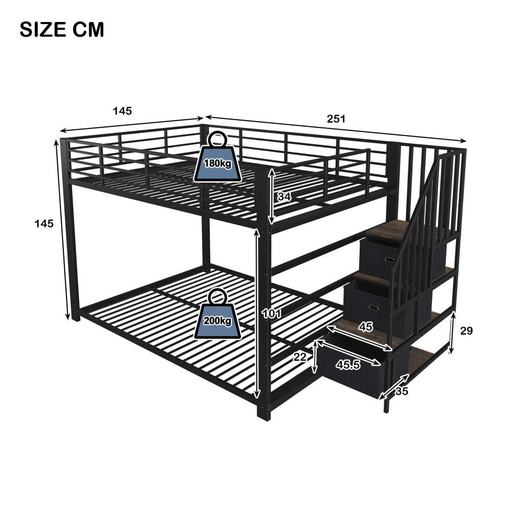 Letto a castello 140 × 200 cm con scala reversibile, cassetti, LED e prese USB, senza materasso, nero
