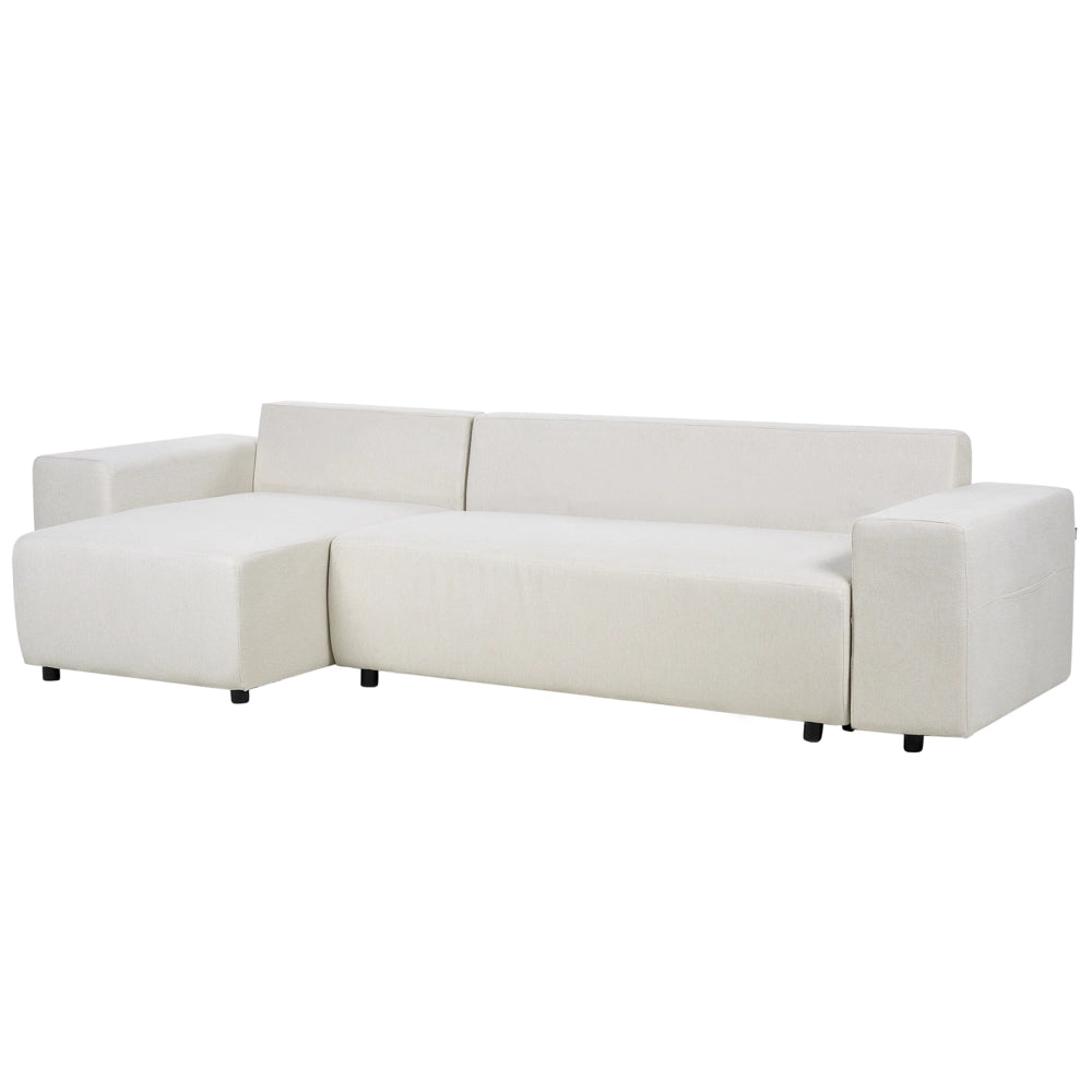 Divano angolare a destra in tessuto beige chiaro a 3 posti con cuscini extra sparsi Soggiorno moderno
