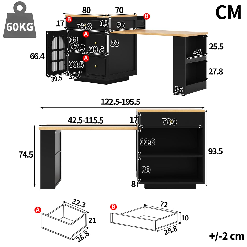ISOLA CUCINA ESTRAIBILE 122,5-195,5 cm MDF NERO con LED RGB