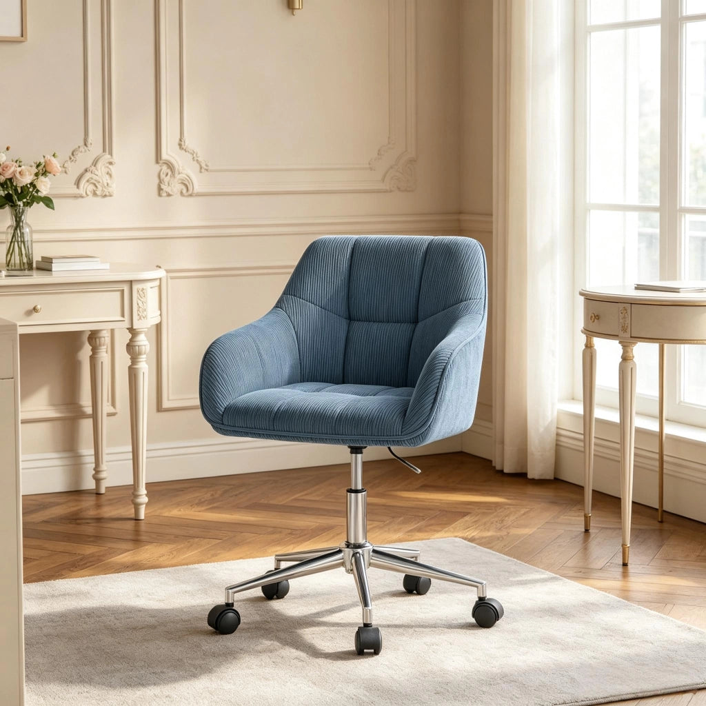 Sedia da ufficio girevole 360 gradi regolabile seduta imbottita e braccioli in tessuto a coste blu 56 × 40 × 81-90 cm