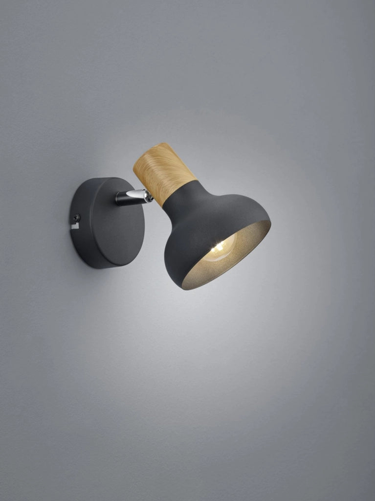 LATIKA SPOT SINGOLO METALLO NERO ED EFFETTO LEGNO H. 17,5CM 1 LUCE ATTACCO E14