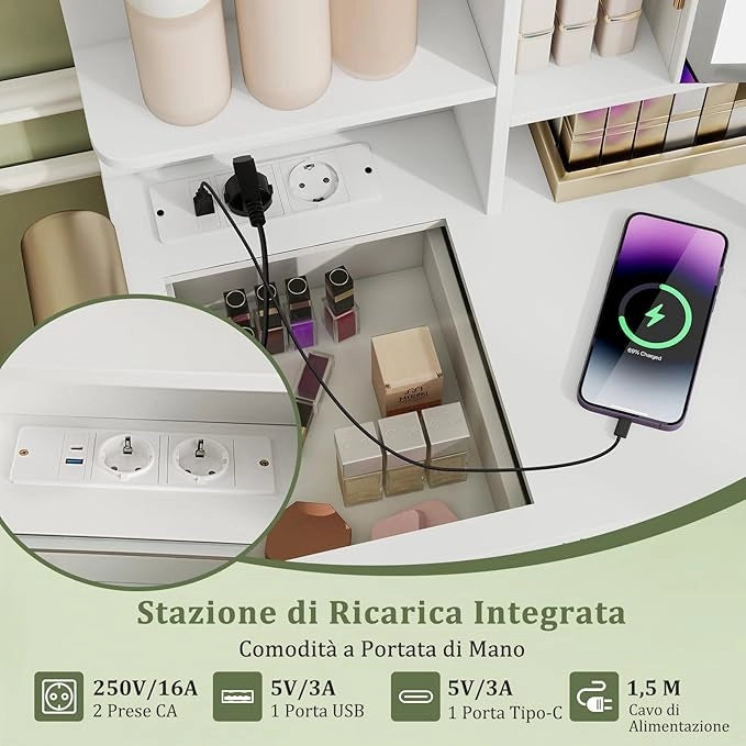 Toeletta da Trucco con Luci, Set Tavolo e Sgabello da Trucco con Stazione di Ricarica, Luci a LED a 3 Colori, Armadietto a Specchio, 3 Cassetti, Supporto per Asciugacapelli