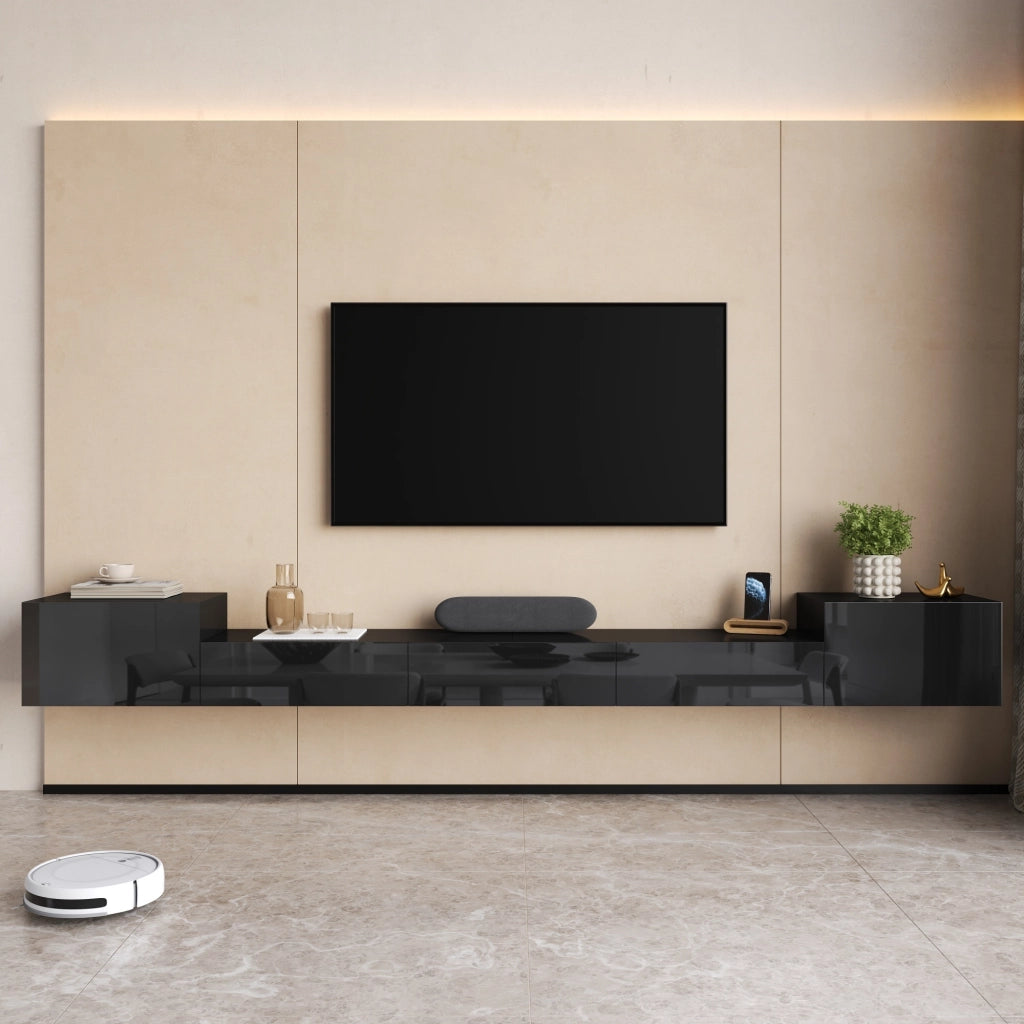 Mobile porta TV sospeso con 2 ante a battente, 3 ante a ribalta e LED app, per soggiorno, nero, 245 × 30 × 26 cm